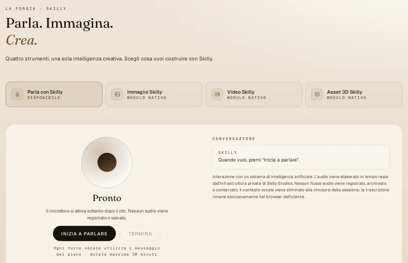 Schermata reale dello Studio: La Forgia con il modulo Parla con Skilly, il pulsante Inizia a parlare e la trascrizione della conversazione.