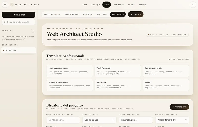 Schermata reale dello Studio: Web Architect Studio con i template professionali e la direzione del progetto.